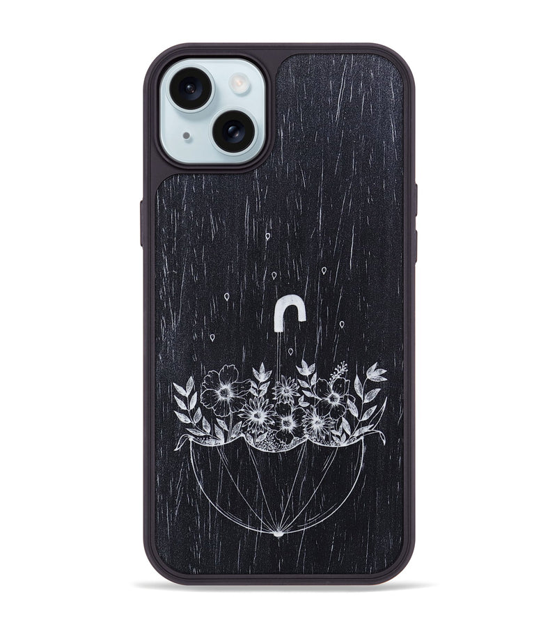 iPhone 15 Plus Wood+Resin Phone Case - No Rain No Flowers - Ebony (Curated)