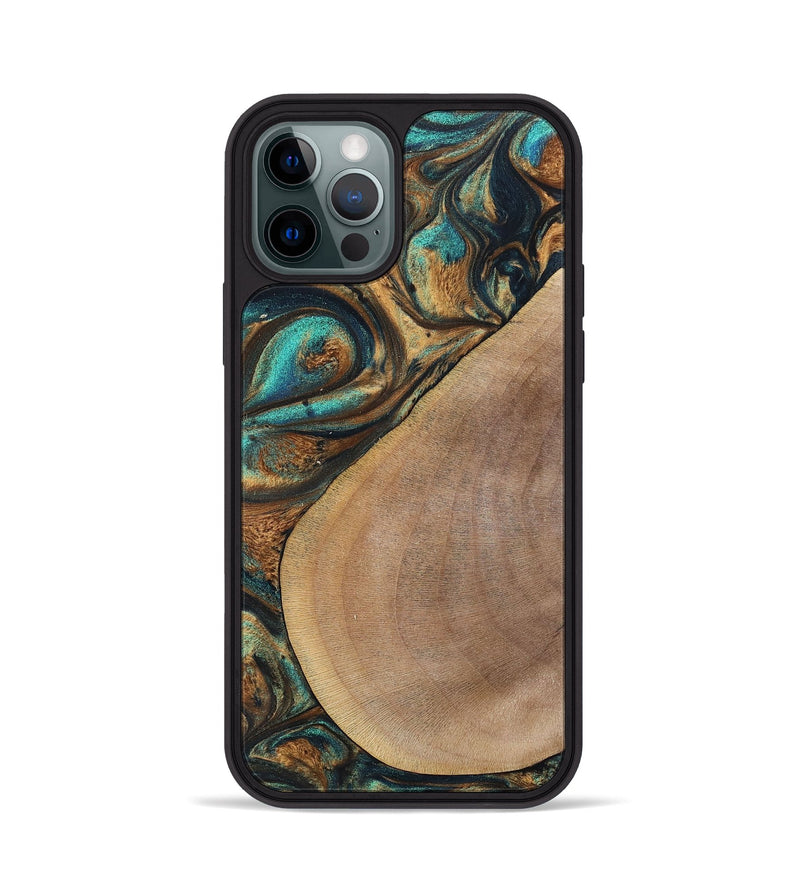 iPhone 12 Pro Wood+Resin Phone Case - Sara (Teal & Gold, 700180)