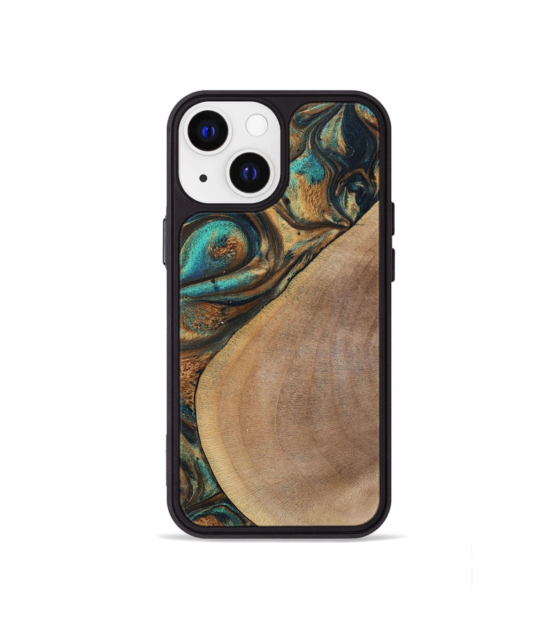 iPhone 13 mini Wood+Resin Phone Case - Sara (Teal & Gold, 700180)
