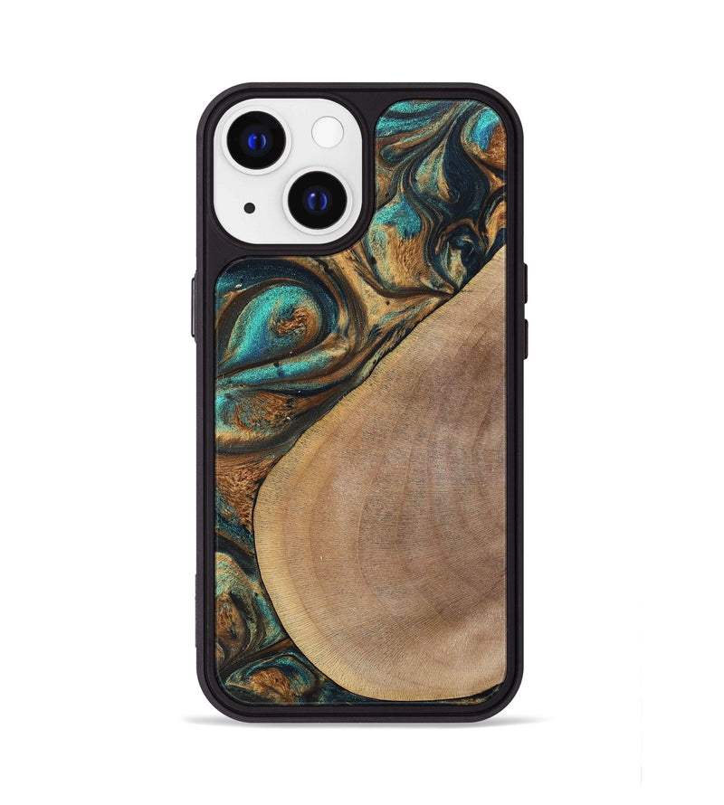 iPhone 13 Wood+Resin Phone Case - Sara (Teal & Gold, 700180)