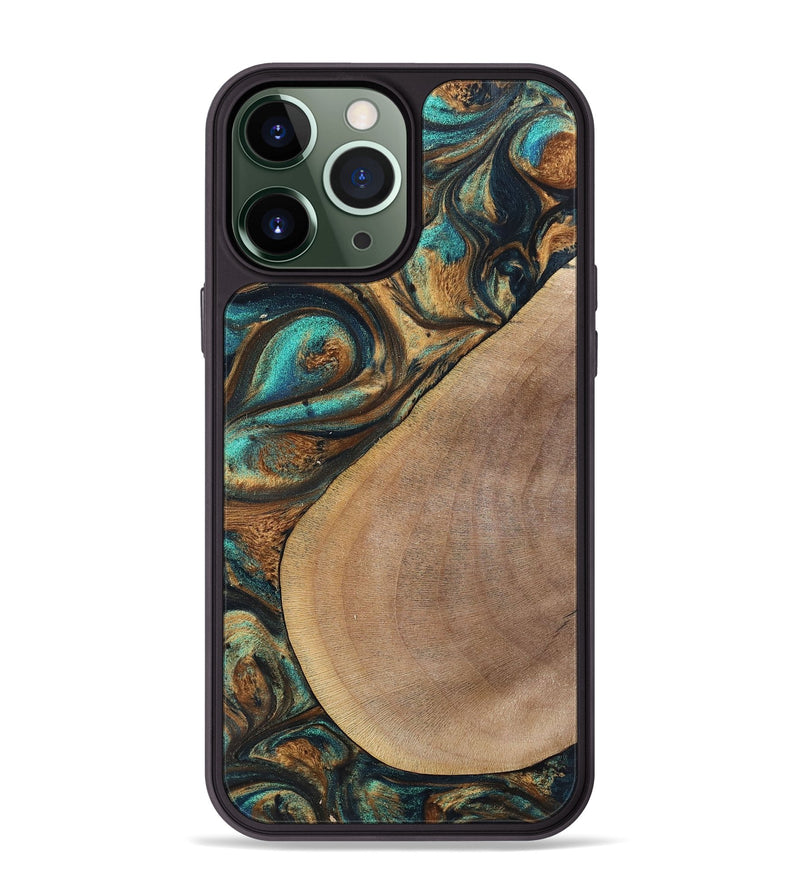 iPhone 13 Pro Max Wood+Resin Phone Case - Sara (Teal & Gold, 700180)