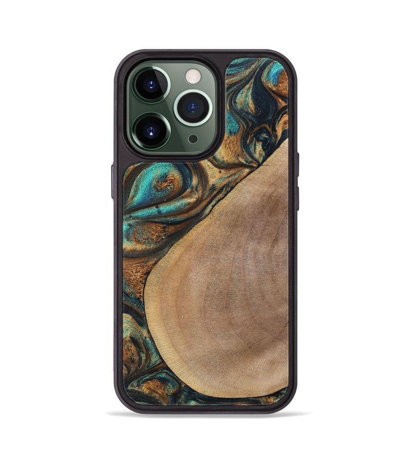 iPhone 13 Pro Wood+Resin Phone Case - Sara (Teal & Gold, 700180)