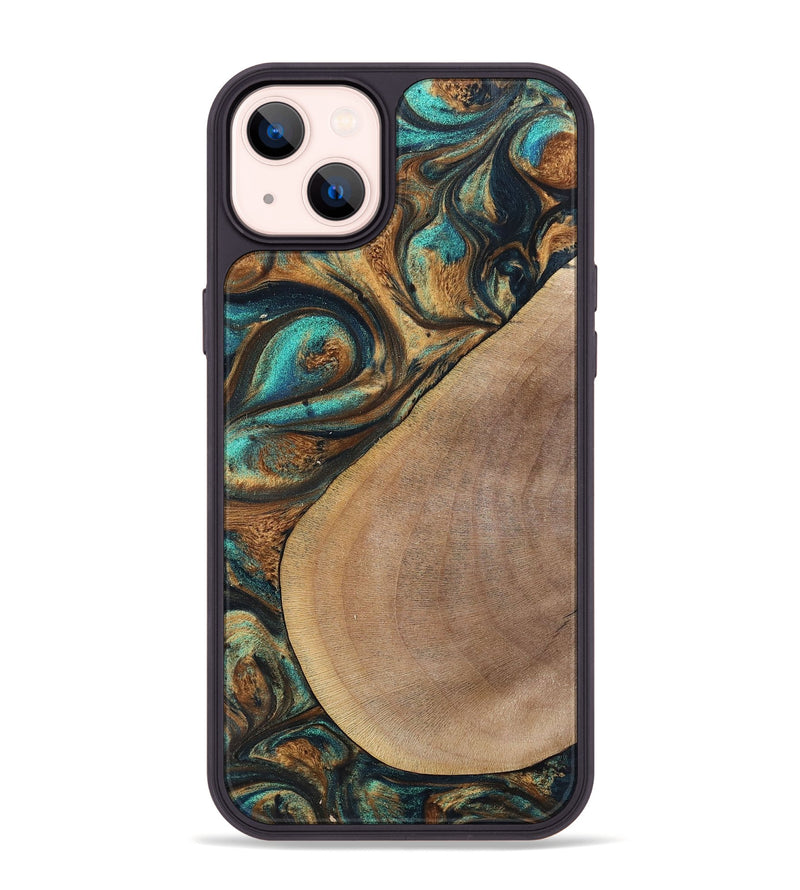 iPhone 14 Plus Wood+Resin Phone Case - Sara (Teal & Gold, 700180)