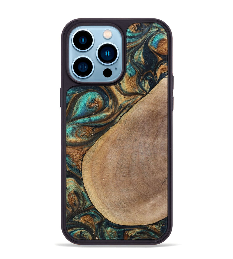 iPhone 14 Pro Max Wood+Resin Phone Case - Sara (Teal & Gold, 700180)