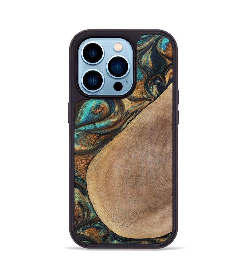 iPhone 14 Pro Wood+Resin Phone Case - Sara (Teal & Gold, 700180)
