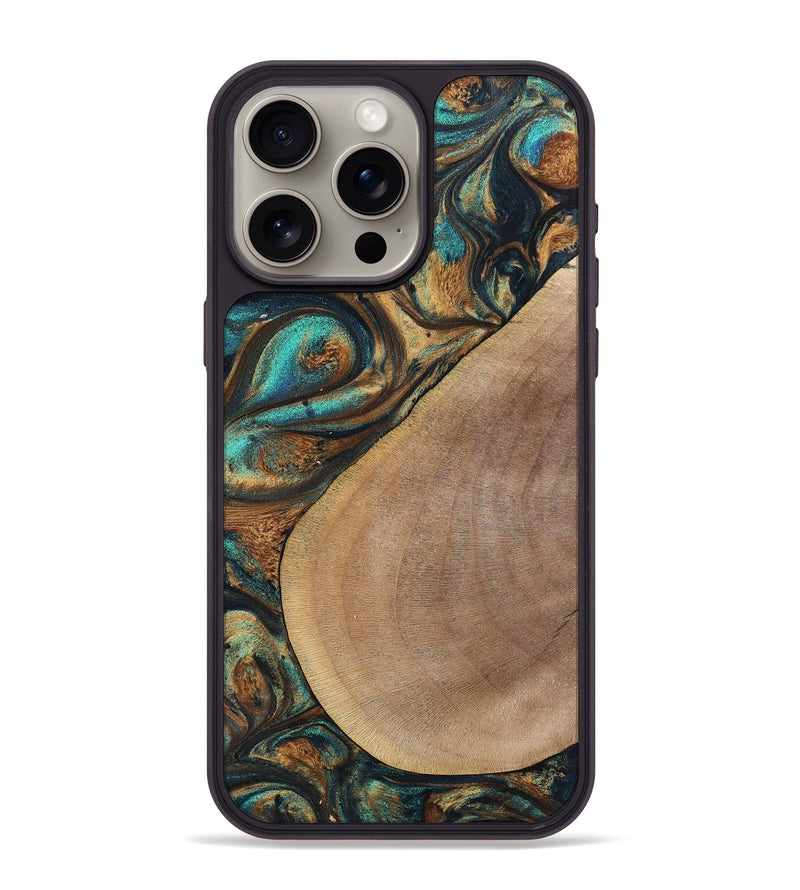 iPhone 15 Pro Max Wood+Resin Phone Case - Sara (Teal & Gold, 700180)
