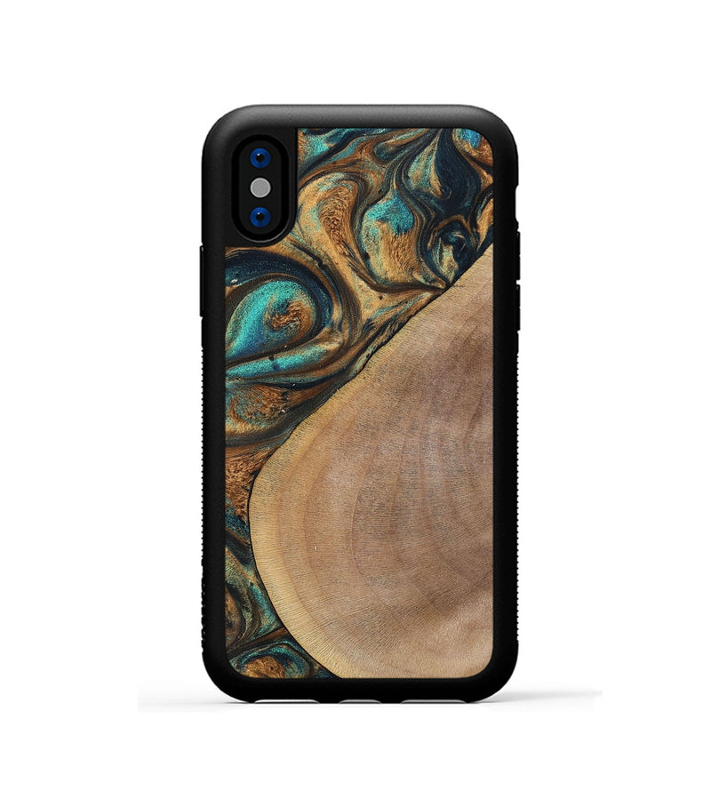 iPhone Xs Wood+Resin Phone Case - Sara (Teal & Gold, 700180)