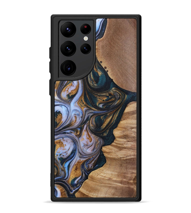 Galaxy S22 Ultra Wood+Resin Phone Case - Iva (Teal & Gold, 700181)