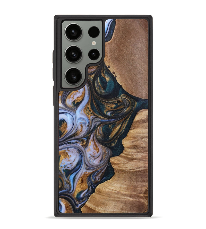 Galaxy S23 Ultra Wood+Resin Phone Case - Iva (Teal & Gold, 700181)