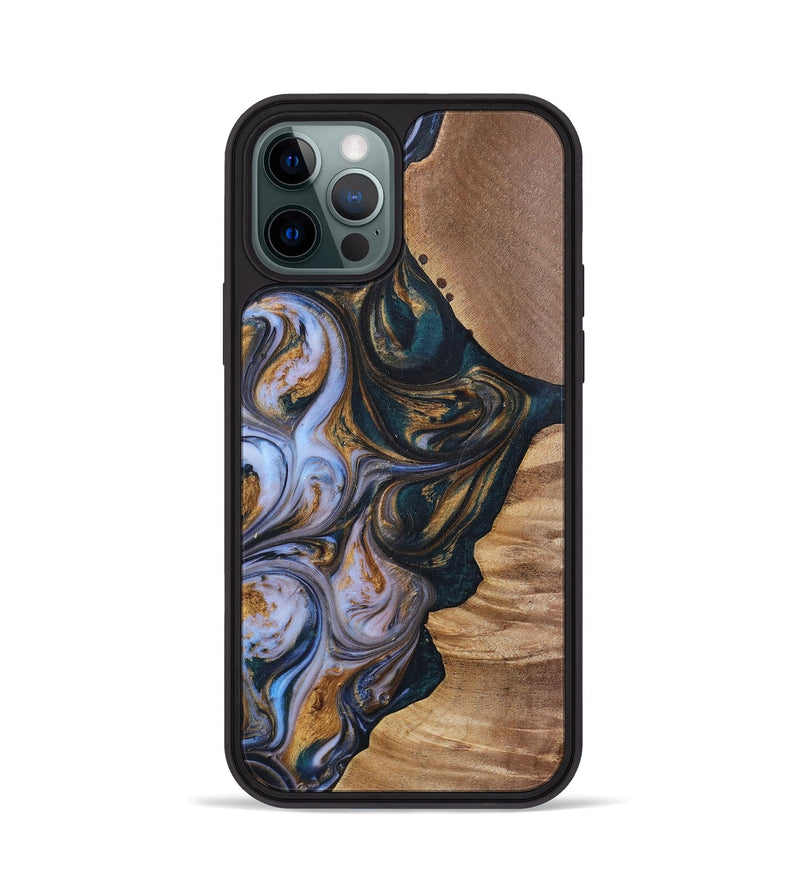 iPhone 12 Pro Wood+Resin Phone Case - Iva (Teal & Gold, 700181)