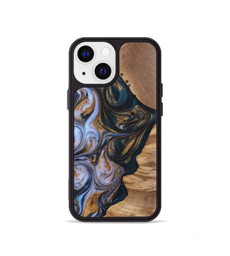 iPhone 13 mini Wood+Resin Phone Case - Iva (Teal & Gold, 700181)