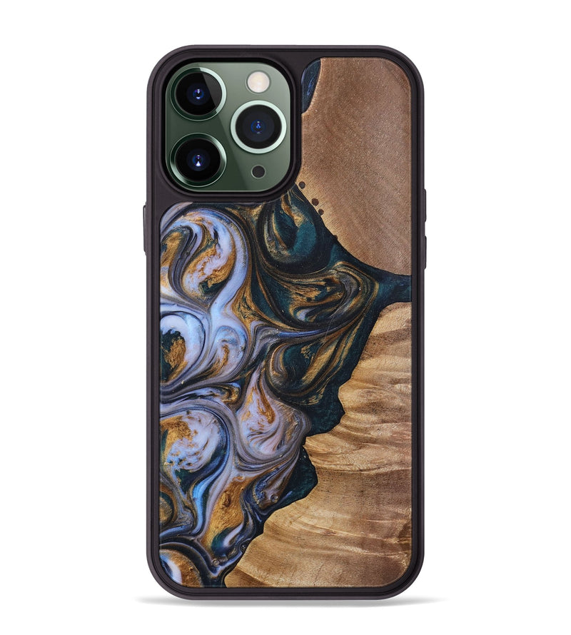 iPhone 13 Pro Max Wood+Resin Phone Case - Iva (Teal & Gold, 700181)