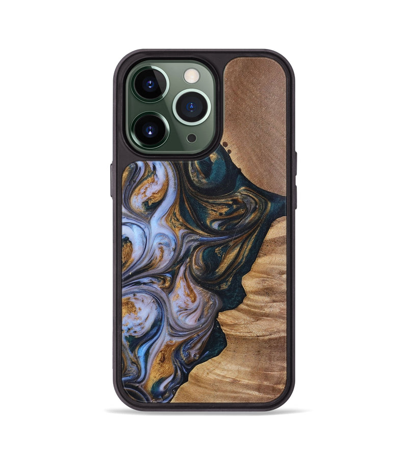 iPhone 13 Pro Wood+Resin Phone Case - Iva (Teal & Gold, 700181)