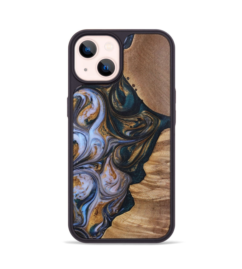 iPhone 14 Wood+Resin Phone Case - Iva (Teal & Gold, 700181)