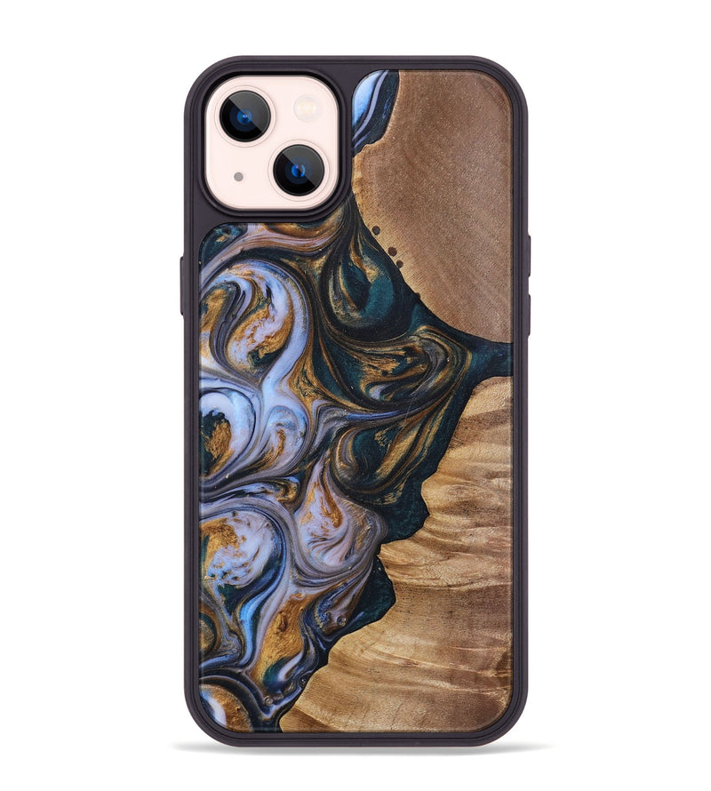 iPhone 14 Plus Wood+Resin Phone Case - Iva (Teal & Gold, 700181)
