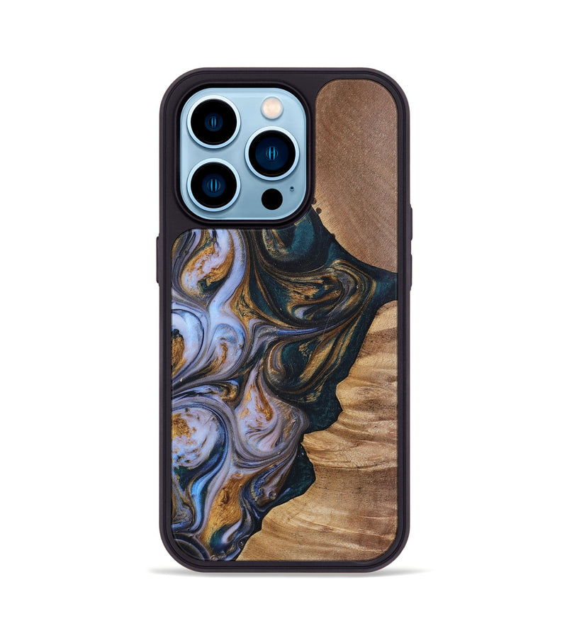 iPhone 14 Pro Wood+Resin Phone Case - Iva (Teal & Gold, 700181)