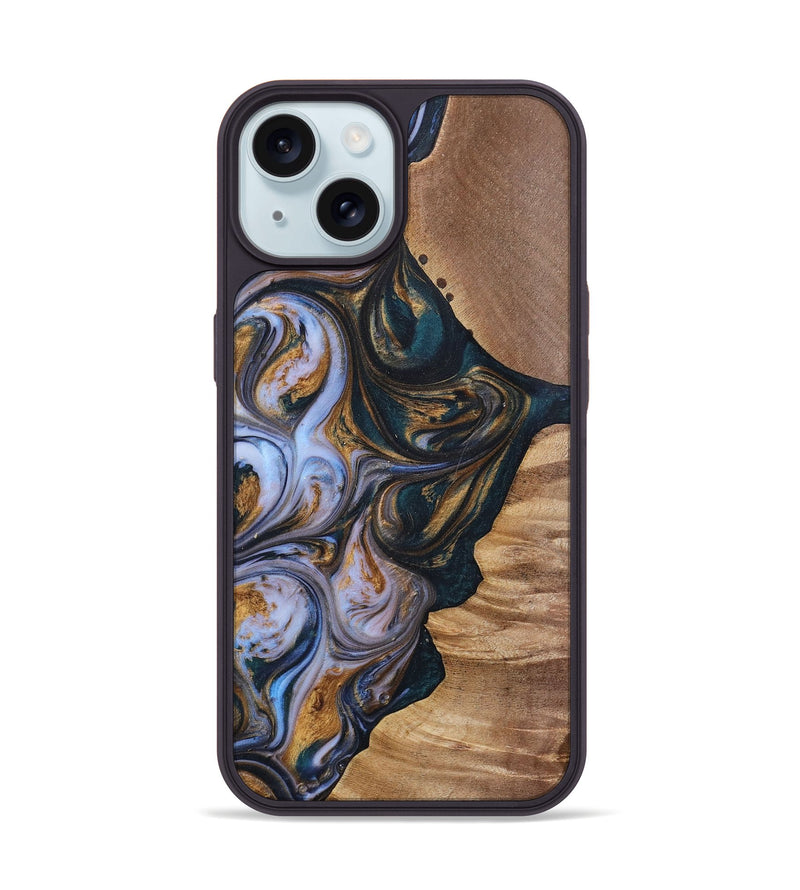 iPhone 15 Wood+Resin Phone Case - Iva (Teal & Gold, 700181)