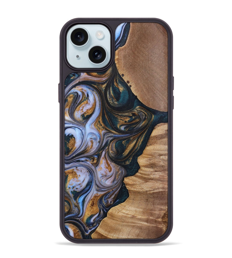 iPhone 15 Plus Wood+Resin Phone Case - Iva (Teal & Gold, 700181)