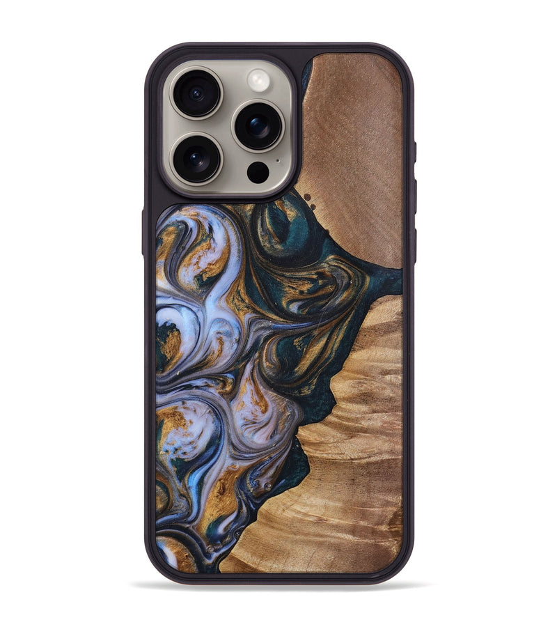 iPhone 15 Pro Max Wood+Resin Phone Case - Iva (Teal & Gold, 700181)