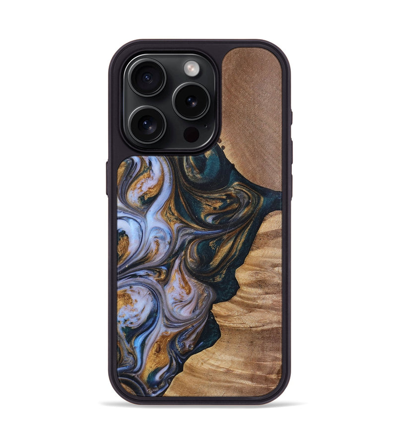 iPhone 15 Pro Wood+Resin Phone Case - Iva (Teal & Gold, 700181)