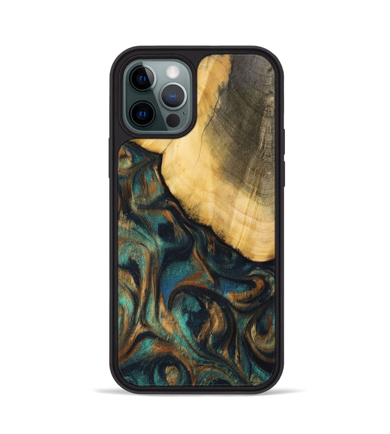 iPhone 12 Pro Wood+Resin Phone Case - Alejandra (Teal & Gold, 700182)
