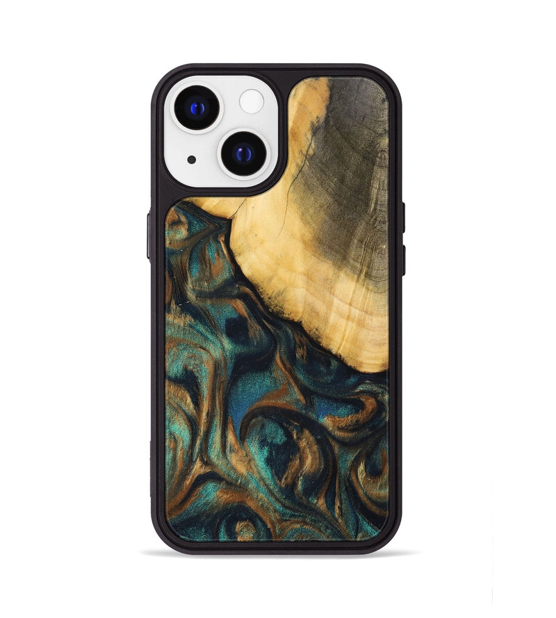 iPhone 13 Wood+Resin Phone Case - Alejandra (Teal & Gold, 700182)