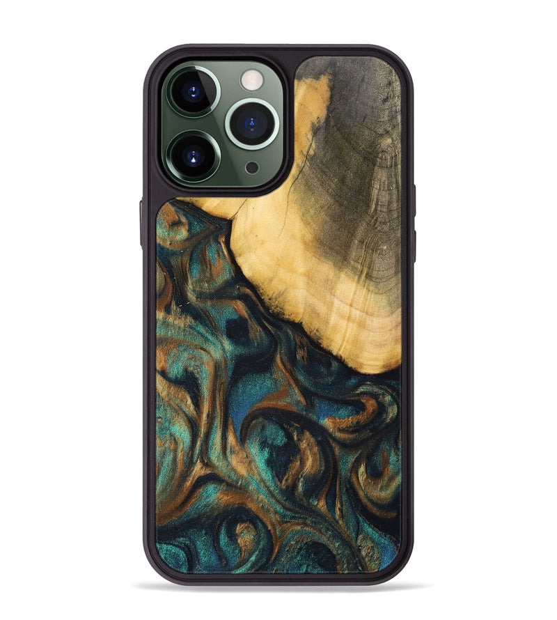 iPhone 13 Pro Max Wood+Resin Phone Case - Alejandra (Teal & Gold, 700182)