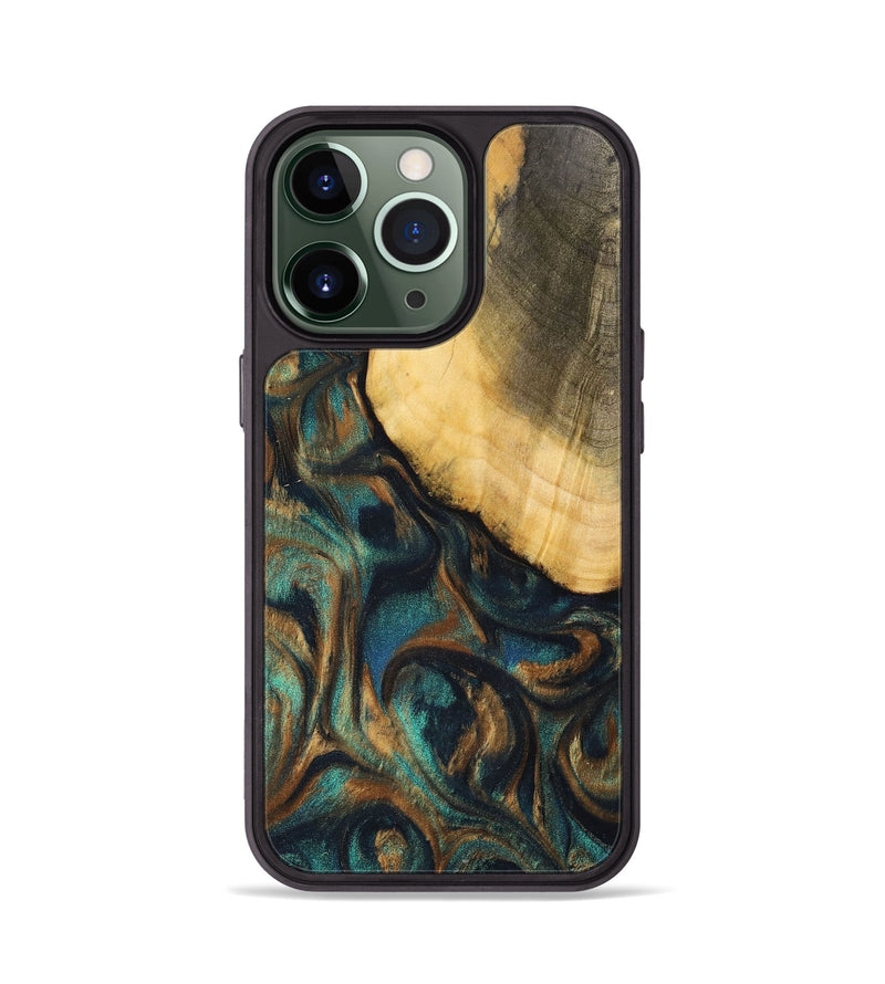 iPhone 13 Pro Wood+Resin Phone Case - Alejandra (Teal & Gold, 700182)