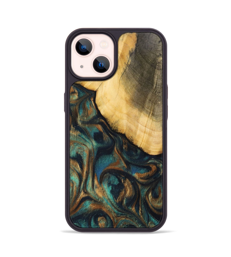 iPhone 14 Wood+Resin Phone Case - Alejandra (Teal & Gold, 700182)