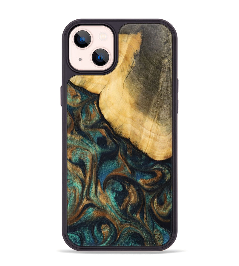 iPhone 14 Plus Wood+Resin Phone Case - Alejandra (Teal & Gold, 700182)