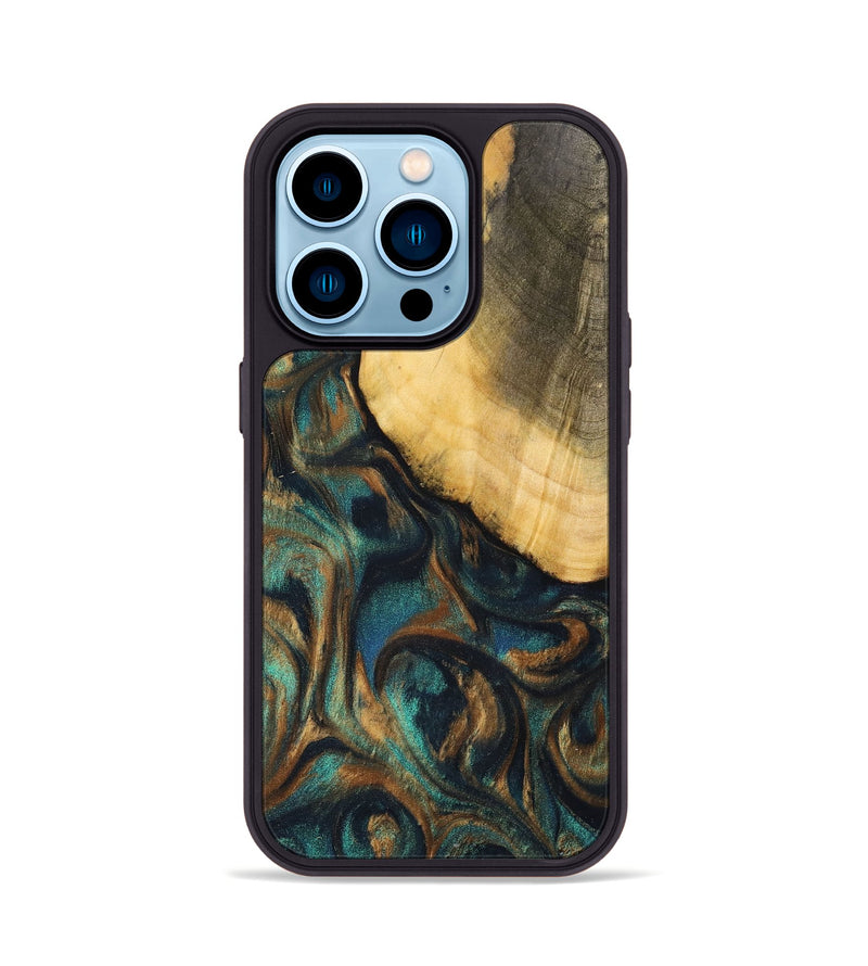 iPhone 14 Pro Wood+Resin Phone Case - Alejandra (Teal & Gold, 700182)