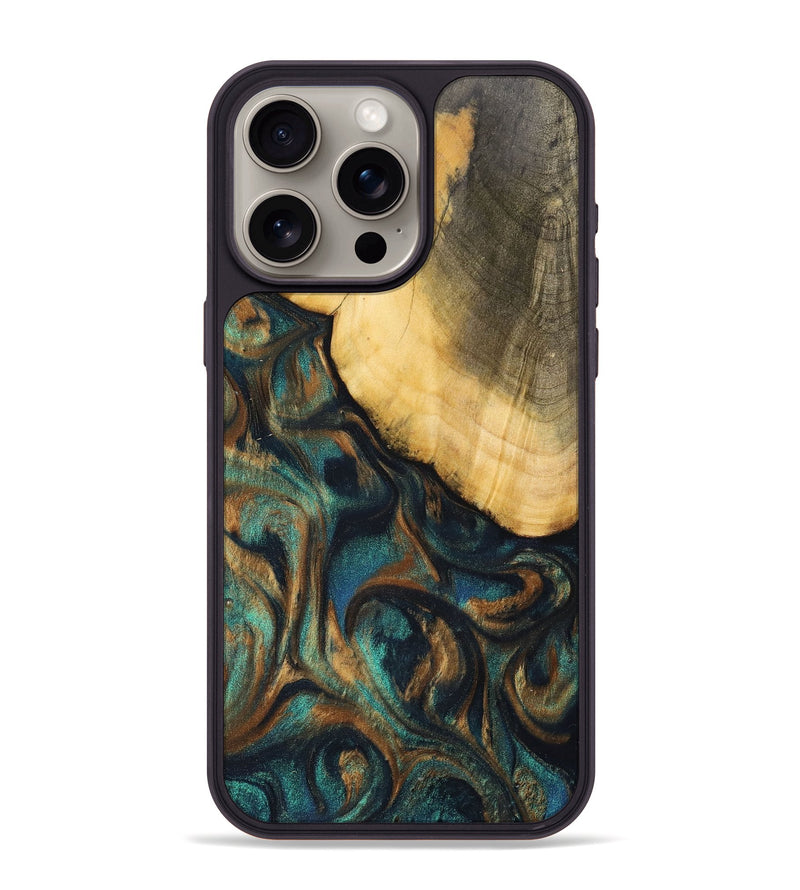 iPhone 15 Pro Max Wood+Resin Phone Case - Alejandra (Teal & Gold, 700182)