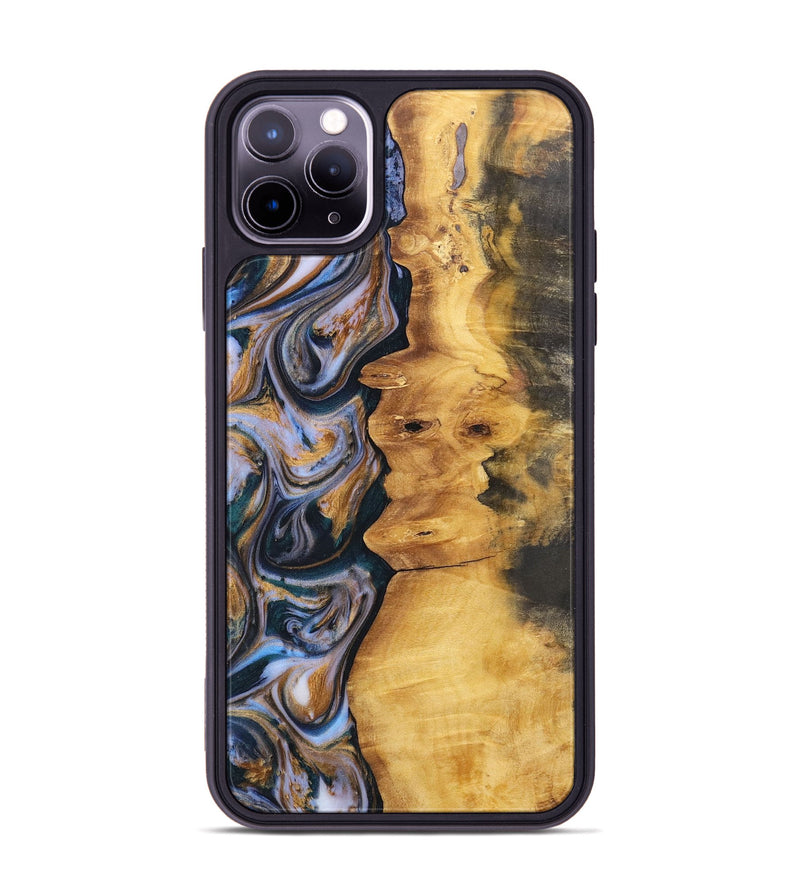 iPhone 11 Pro Max Wood+Resin Phone Case - Robert (Teal & Gold, 700183)