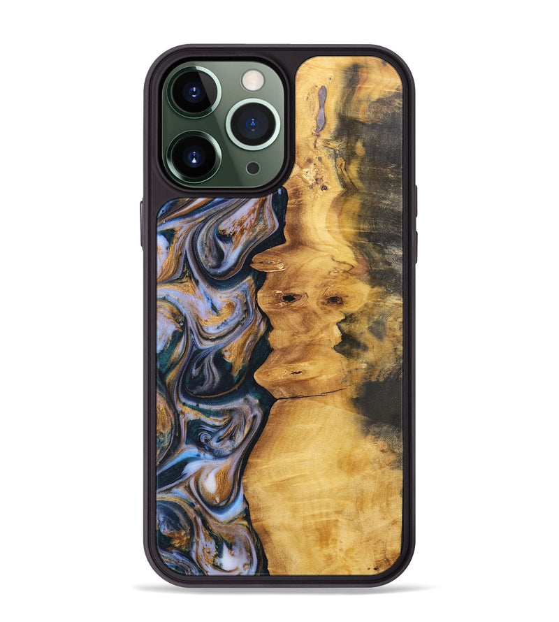iPhone 13 Pro Max Wood+Resin Phone Case - Robert (Teal & Gold, 700183)