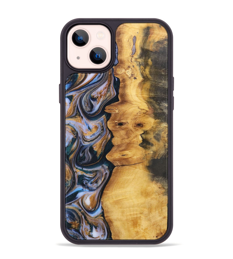 iPhone 14 Plus Wood+Resin Phone Case - Robert (Teal & Gold, 700183)