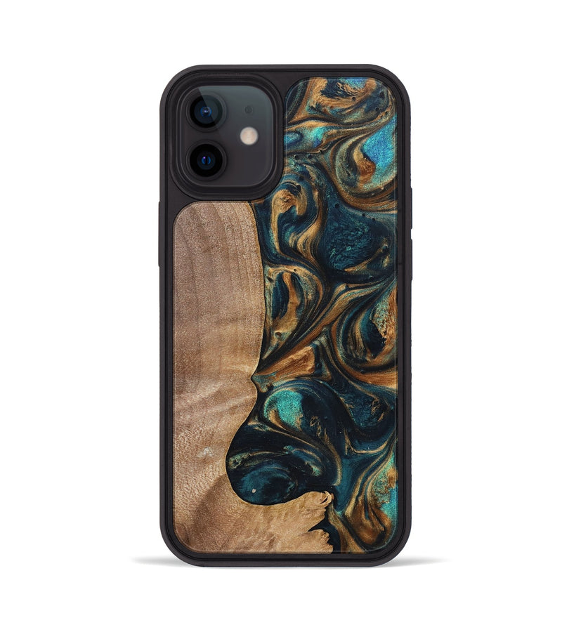 iPhone 12 Wood+Resin Phone Case - Kaylani (Teal & Gold, 700184)