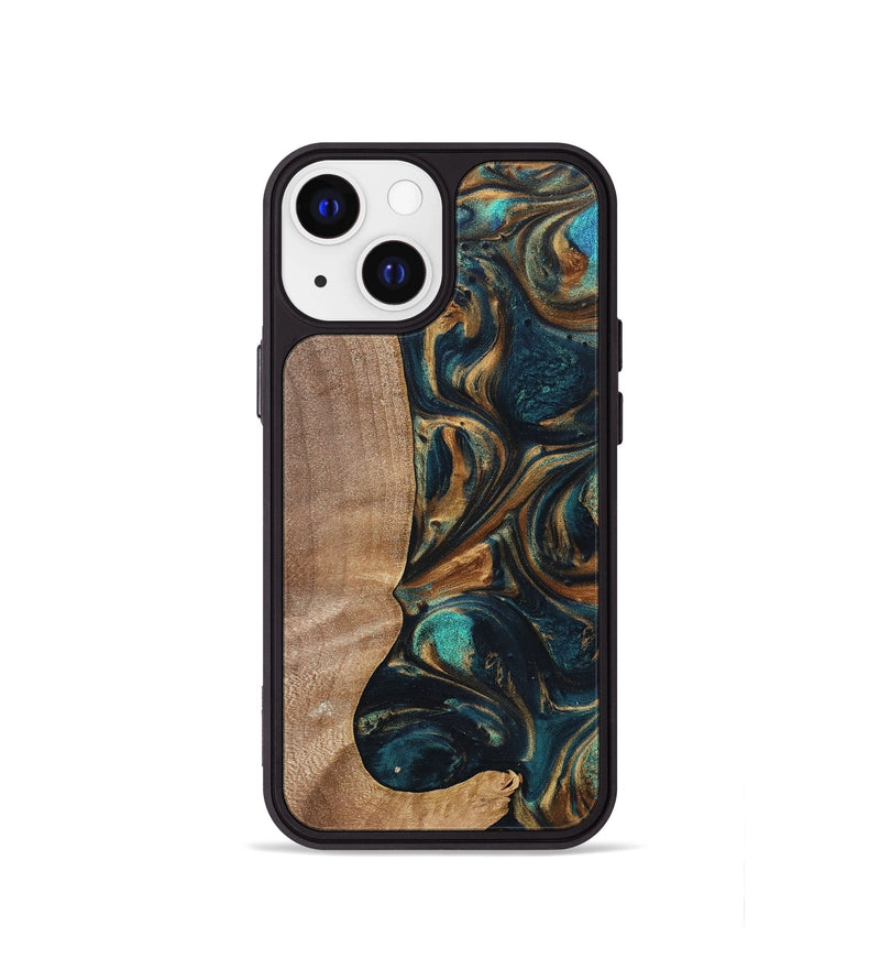 iPhone 13 mini Wood+Resin Phone Case - Kaylani (Teal & Gold, 700184)
