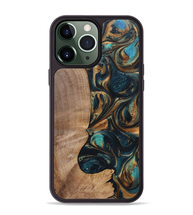 iPhone 13 Pro Max Wood+Resin Phone Case - Kaylani (Teal & Gold, 700184)