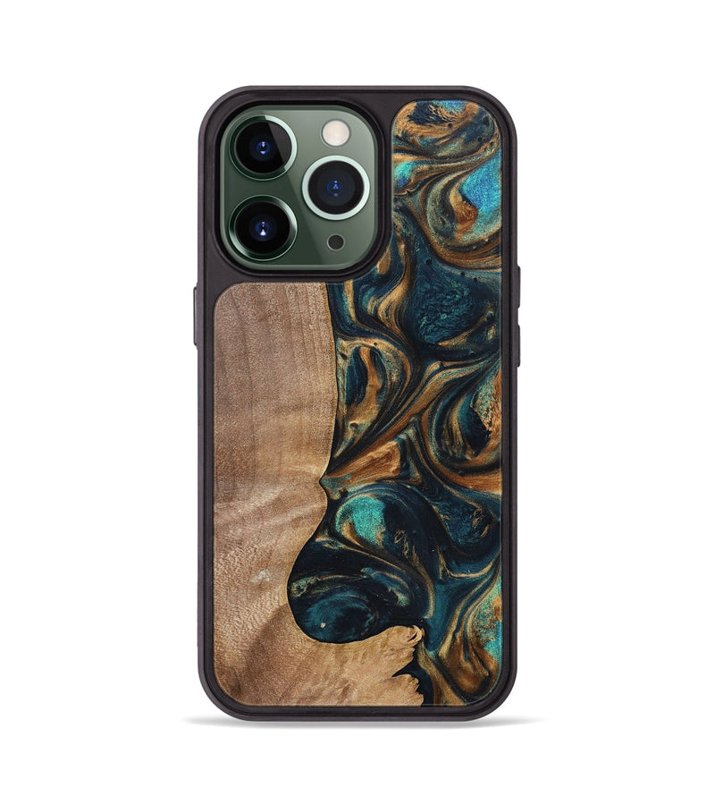 iPhone 13 Pro Wood+Resin Phone Case - Kaylani (Teal & Gold, 700184)