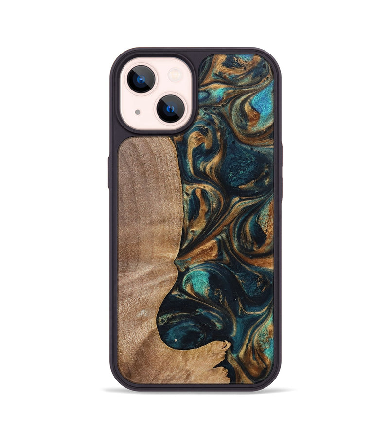 iPhone 14 Wood+Resin Phone Case - Kaylani (Teal & Gold, 700184)