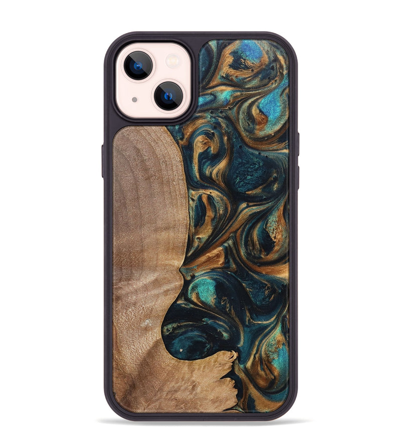 iPhone 14 Plus Wood+Resin Phone Case - Kaylani (Teal & Gold, 700184)