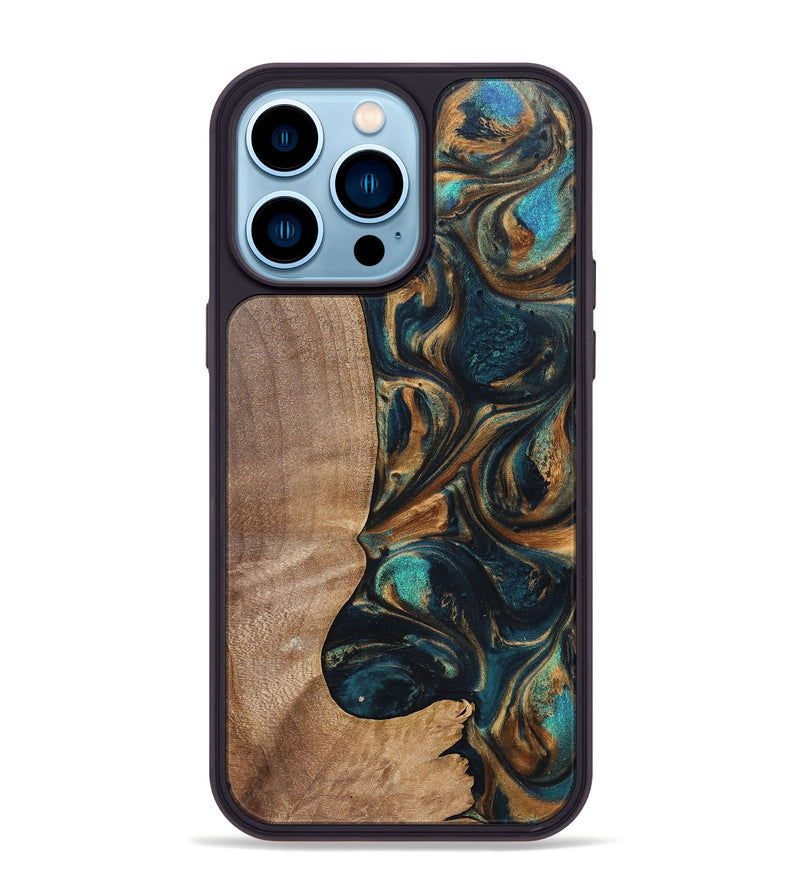 iPhone 14 Pro Max Wood+Resin Phone Case - Kaylani (Teal & Gold, 700184)