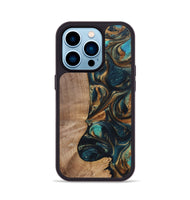 iPhone 14 Pro Wood+Resin Phone Case - Kaylani (Teal & Gold, 700184)