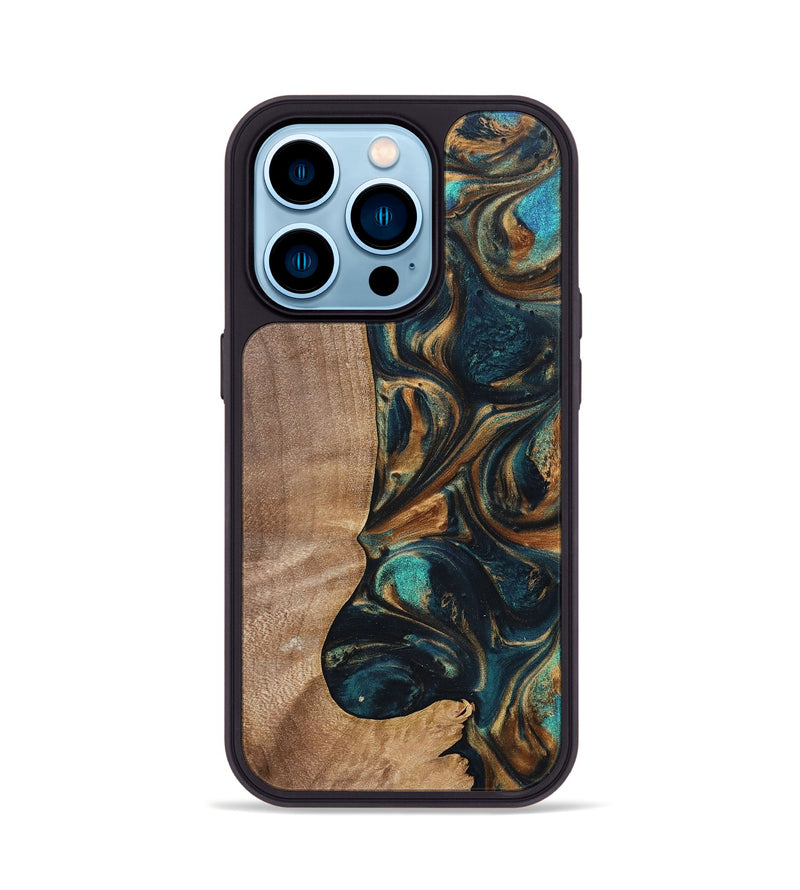 iPhone 14 Pro Wood+Resin Phone Case - Kaylani (Teal & Gold, 700184)