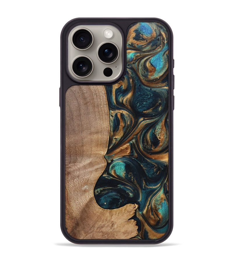 iPhone 15 Pro Max Wood+Resin Phone Case - Kaylani (Teal & Gold, 700184)
