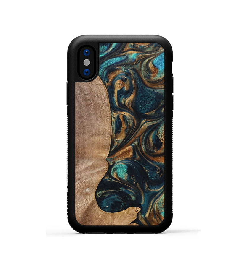 iPhone Xs Wood+Resin Phone Case - Kaylani (Teal & Gold, 700184)