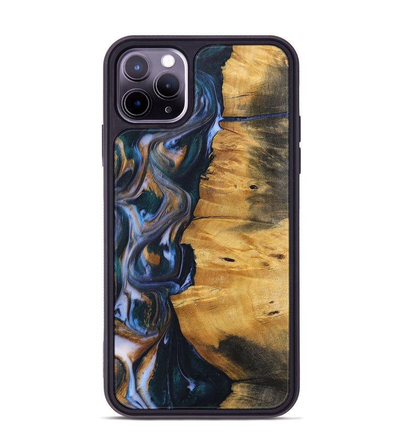 iPhone 11 Pro Max Wood+Resin Phone Case - Ace (Teal & Gold, 700185)