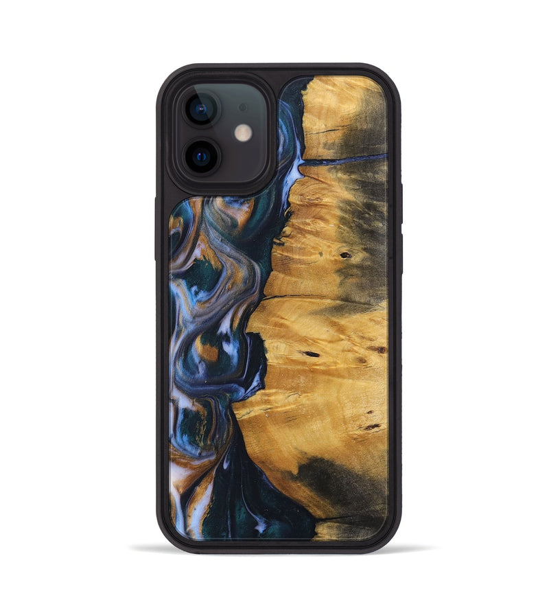 iPhone 12 Wood+Resin Phone Case - Ace (Teal & Gold, 700185)