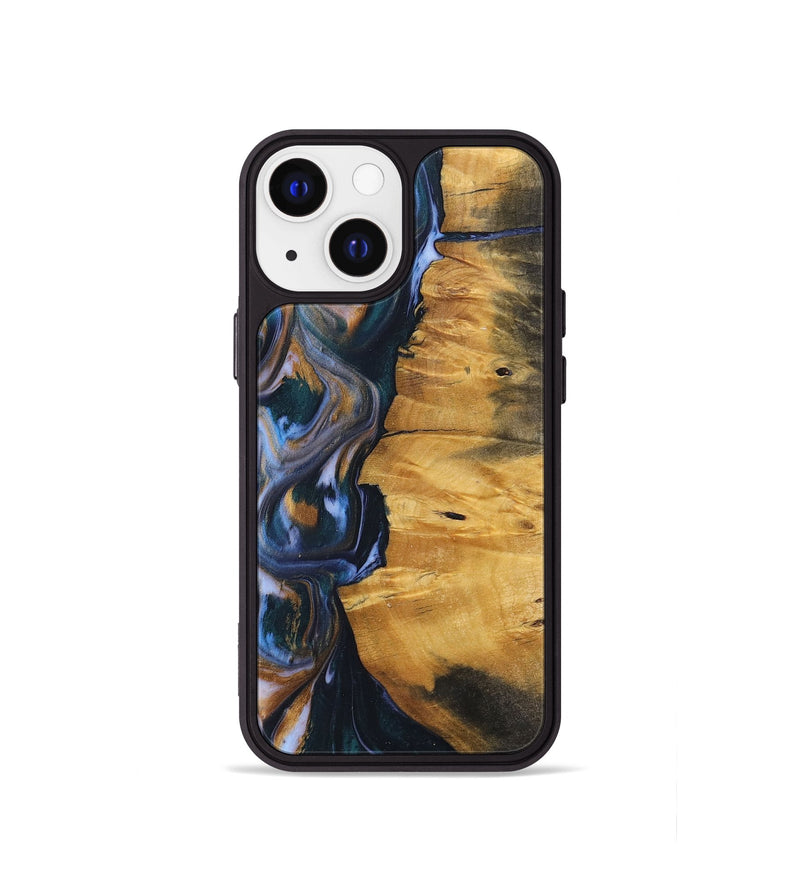 iPhone 13 mini Wood+Resin Phone Case - Ace (Teal & Gold, 700185)
