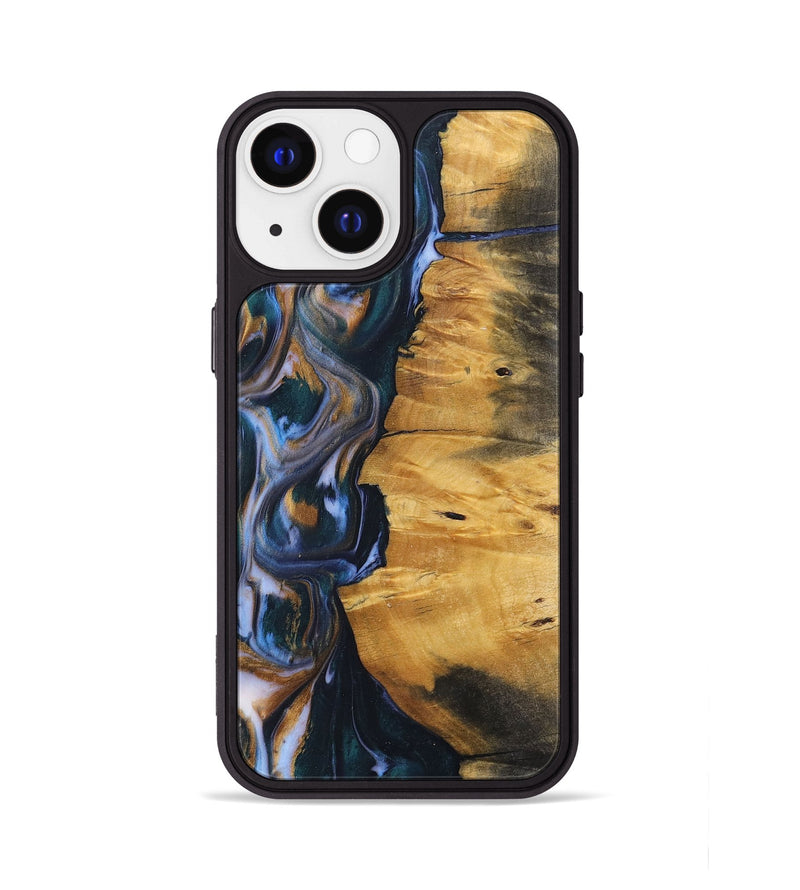 iPhone 13 Wood+Resin Phone Case - Ace (Teal & Gold, 700185)